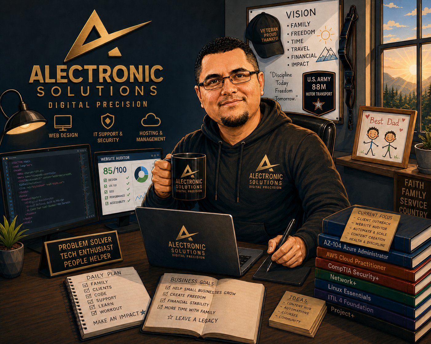 Alec Briggs at his desk in the Alectronic Solutions studio