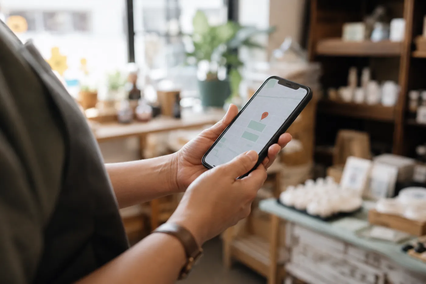 A shop owner holding a phone showing a map with a location pin