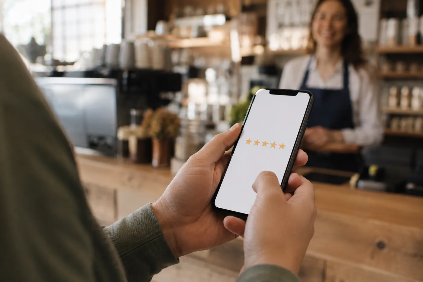 A customer leaving a star rating on a phone at a cafe counter