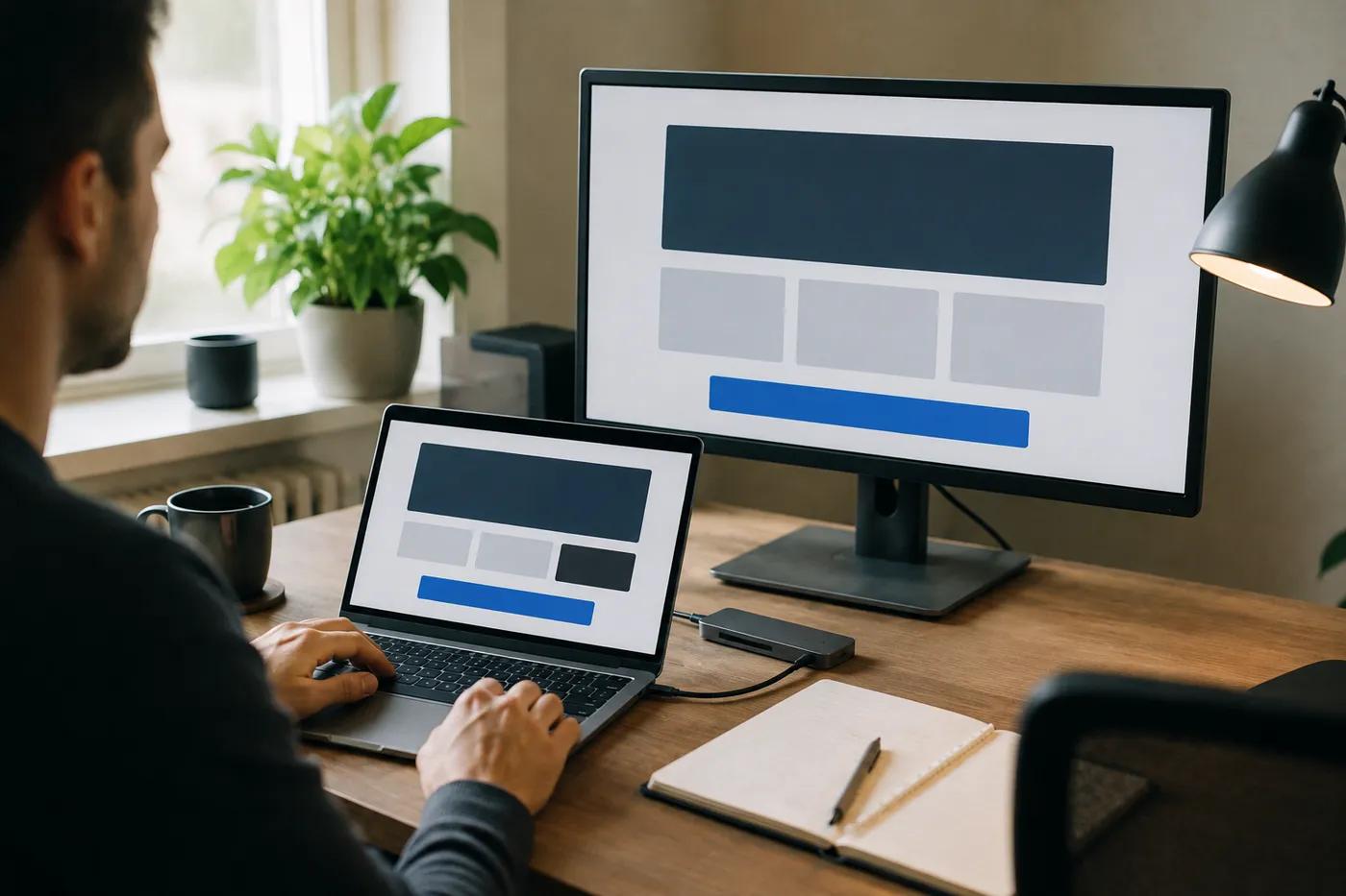 A person working at a desk with a large high-contrast display