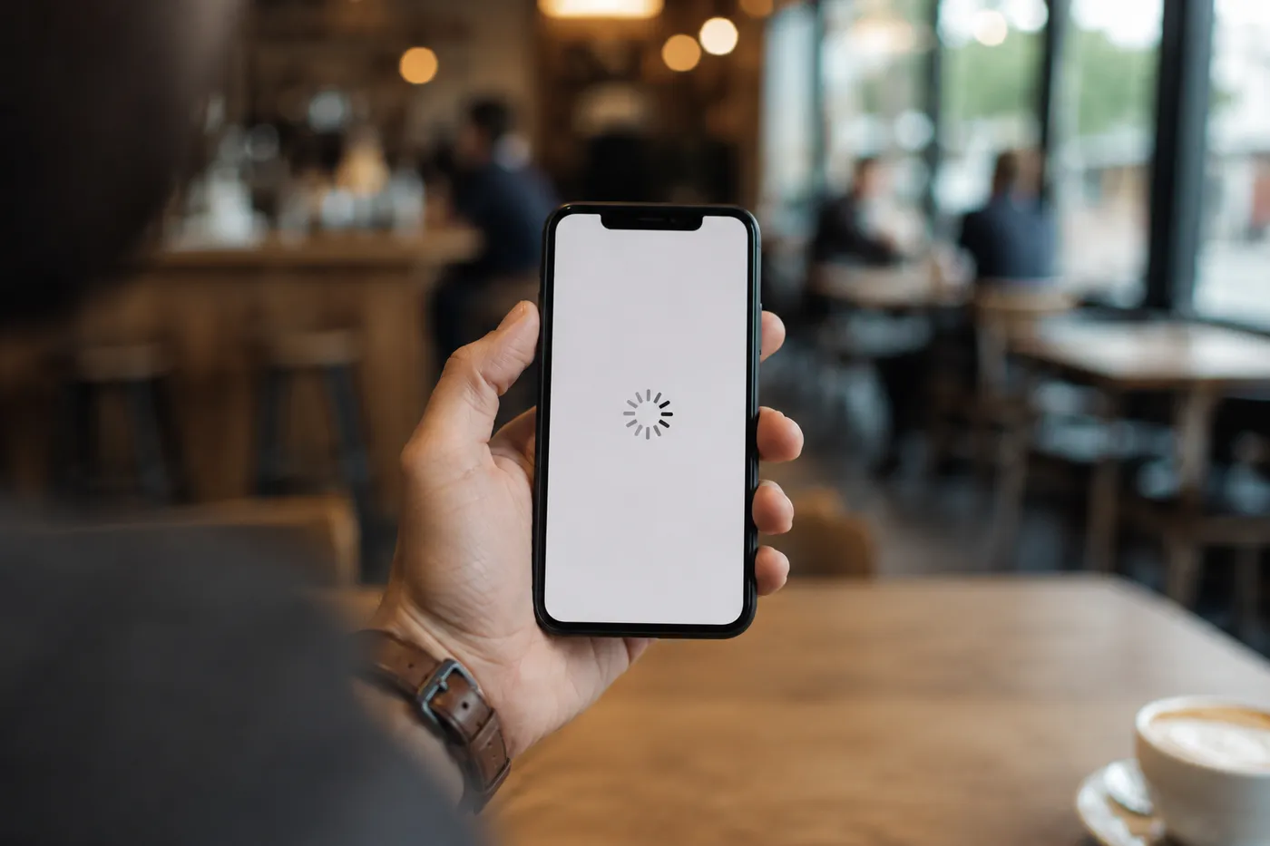 A phone showing a loading spinner on a blank page