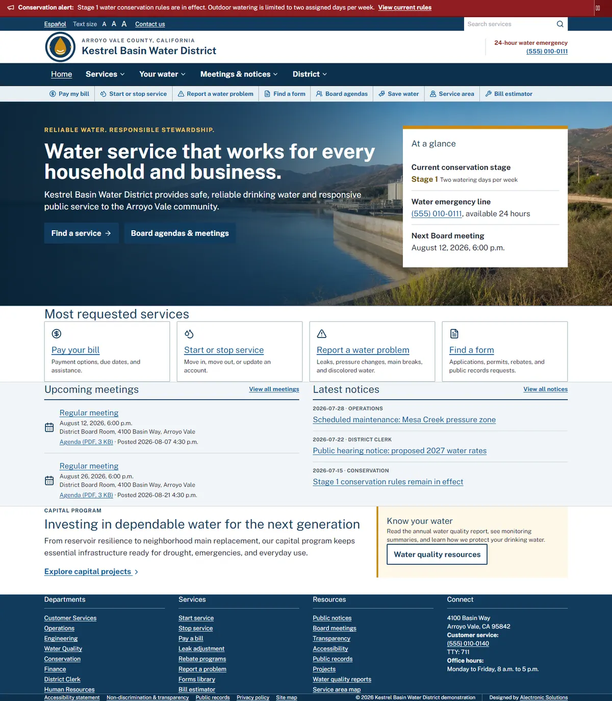 Kestrel Basin Water District desktop website preview