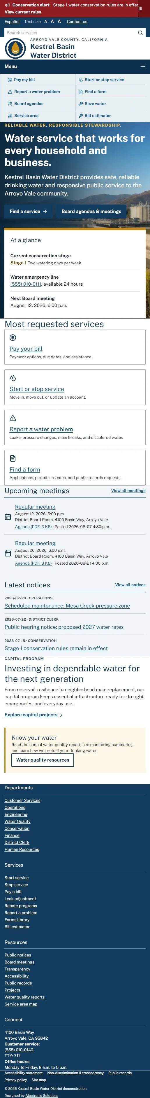 Kestrel Basin Water District mobile website preview